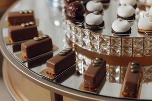 A tray of assorted desserts, including brownies and cookies, is displayed on a table. The desserts are arranged in a circular pattern, with some of them placed on top of each other photo