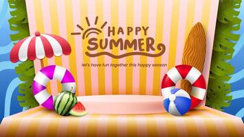 A summer-themed background podium featuring green leaves. The background is designed in a paper craft style with EPS 10 format. vector