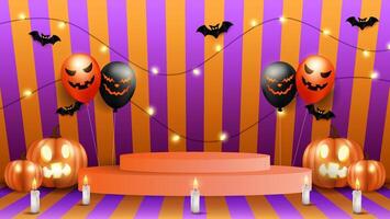The Halloween-themed design features a 3D podium with a round base, pumpkins, bats and spooky balloons. vector