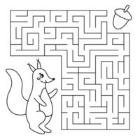 Animal line maze game for kids. Cute squirrel looking for a way to the acorn. Printable worksheet with solution for school and preschool. vector