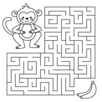 Animal line maze game for kids. Cute monkey looking for a way to the banana. Printable worksheet with solution for school and preschool. vector