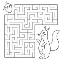 Animal line maze game for kids. Cute squirrel looking for a way to the hazelnut. Printable worksheet with solution for school and preschool. vector