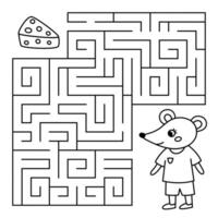 Animal line maze game for kids. Cute mouse looking for a way to the cheese. Printable worksheet with solution for school and preschool. vector