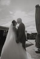A bride and groom are kissing each other on a wooden deck. The bride is wearing a white dress and the groom is wearing a suit. The scene is romantic and intimate photo