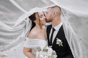 A bride and groom are kissing under a white veil photo