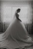 A woman in a wedding dress stands in front of a window. The dress is white and the woman is wearing a veil. The image has a romantic and elegant mood photo