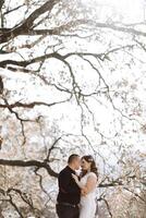 A couple is hugging in front of a tree with leaves falling photo