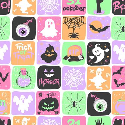 Halloween seamless pattern with pumpkins, ghosts, bats and spiders in pastel colors. Hand drawn colorful doodle collage. Great for textile, fabric, wallpaper, wrapping, scrapbook and packaging