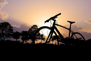 Silhouette of a Bicycle Against a Vibrant Sunset with Trees in the Background photo