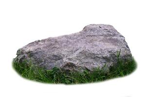 Large Natural Rock on White Background Isolated with Grass Edges for Landscaping and Nature Projects photo