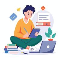 Student with pen and paper at notebook, studying online, composing essay on floor. vector