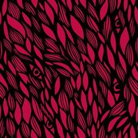 The graphic pattern of leaves, waves, and eyes. Black and white hand-drawn seamless pattern. vector