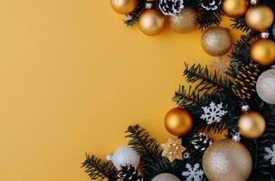 Pine Branches and Ornaments on Yellow Background photo
