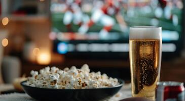Beer and Popcorn in Front of TV photo