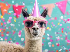 Alpaca Wearing Sunglasses and Party Hat photo