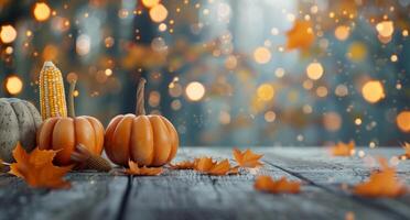 Pumpkins and Corn on Wooden Table With Autumn Lights photo