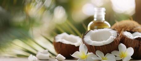 Coconut Drink and Flowers on a Table photo
