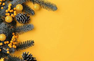 Pine Branches and Ornaments on Yellow Background photo