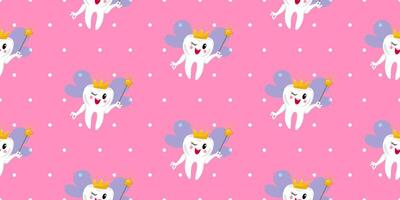 Seamless pattern featuring a cute tooth fairy with a crown and magic wand on a pink background with white polka dots. For textiles, children's room wall decor, wallpaper. vector
