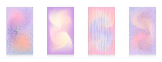 Set of four abstract pastel backgrounds featuring grunge textures and wavy patterns in pink, purple, and white tones. vector