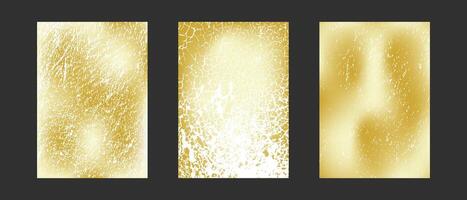Set of three golden grunge textured backgrounds with distressed effects vector