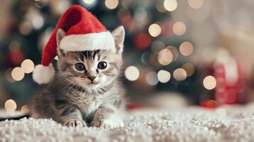 Kitten Wearing Santa Hat In Front of Christmas Lights photo