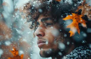 Man Standing in Snow With Fall Leaves photo