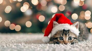 Kitten Wearing Santa Hat In Front of Christmas Lights photo