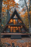 A-Frame Cabin With Deck In Autumn Woods photo