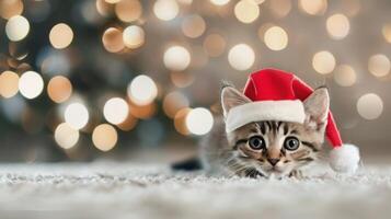 Kitten Wearing Santa Hat In Front of Christmas Lights photo