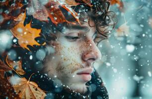 Man Standing in Snow With Fall Leaves photo