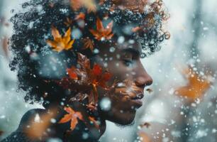 Man Standing in Snow With Fall Leaves photo
