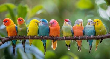 Colorful Parrots Perched on a Branch photo