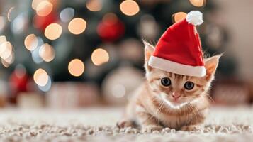 Kitten Wearing Santa Hat In Front of Christmas Lights photo