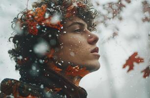 Man Standing in Snow With Fall Leaves photo