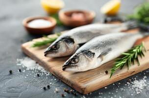 Raw Sea Bass on Cutting Board photo