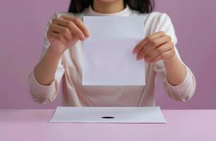 Person Casting Ballot Into White Box photo