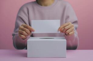 Person Casting Ballot Into White Box photo