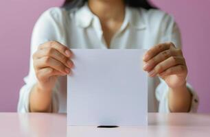 Person Casting Ballot Into White Box photo