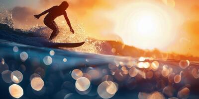 Surfer Riding a Wave at Sunset photo