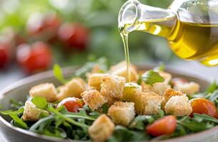 Olive Oil Drizzled on Salad With Croutons and Tomatoes photo
