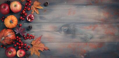 Autumn Fruits and Leaves on Rustic Wood photo