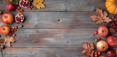Autumn Fruits and Leaves on Rustic Wood photo