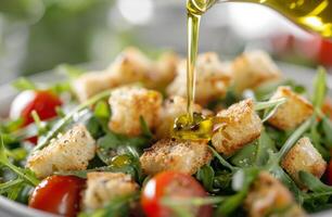 Olive Oil Drizzled on Salad With Croutons and Tomatoes photo