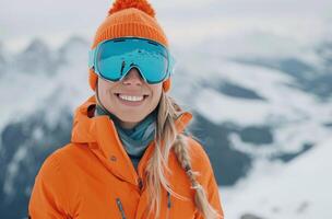 Woman Smiles in Ski Goggles on Mountaintop photo