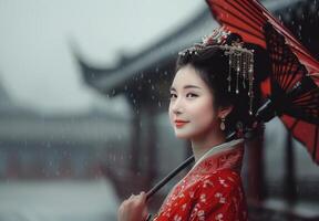 Woman in Red Dress Under Lanterns photo