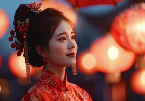 Woman in Red Dress Under Lanterns photo