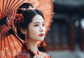 Woman in Red Dress Under Lanterns photo