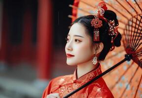 Woman in Red Dress Under Lanterns photo