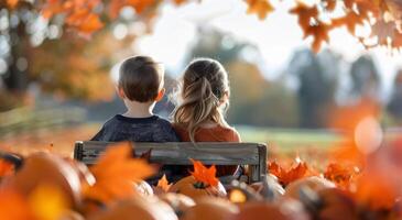 Children Sitting On A Bench At A Pumpkin Patch photo